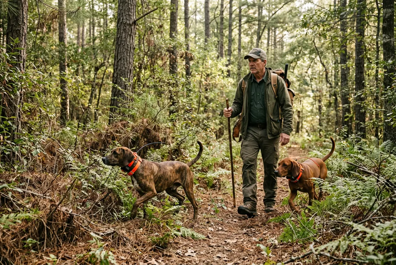 Guide moving through East Texas woods with trained hog dogs