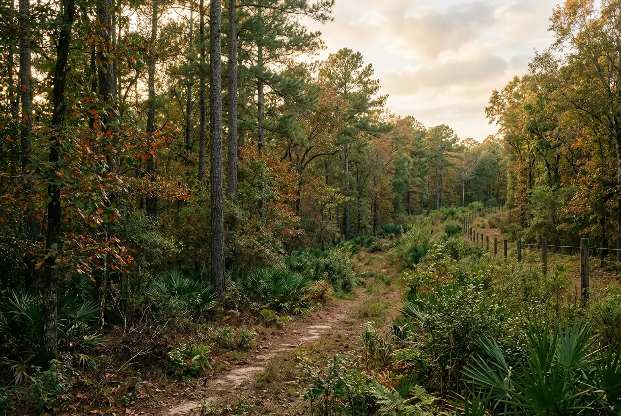 A high game fence running through heavily wooded East Texas terrain