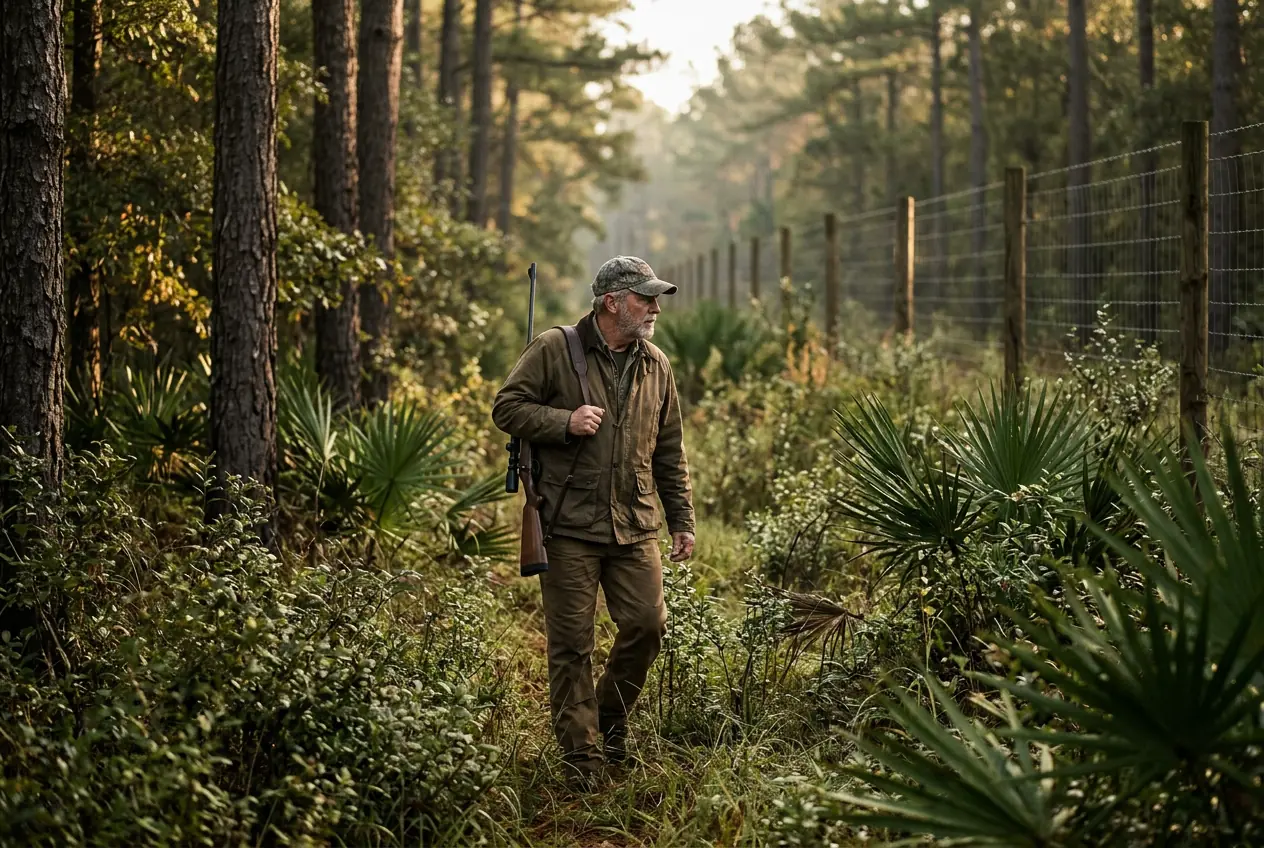 Hunter walking beside a high game fence in wooded East Texas terrain