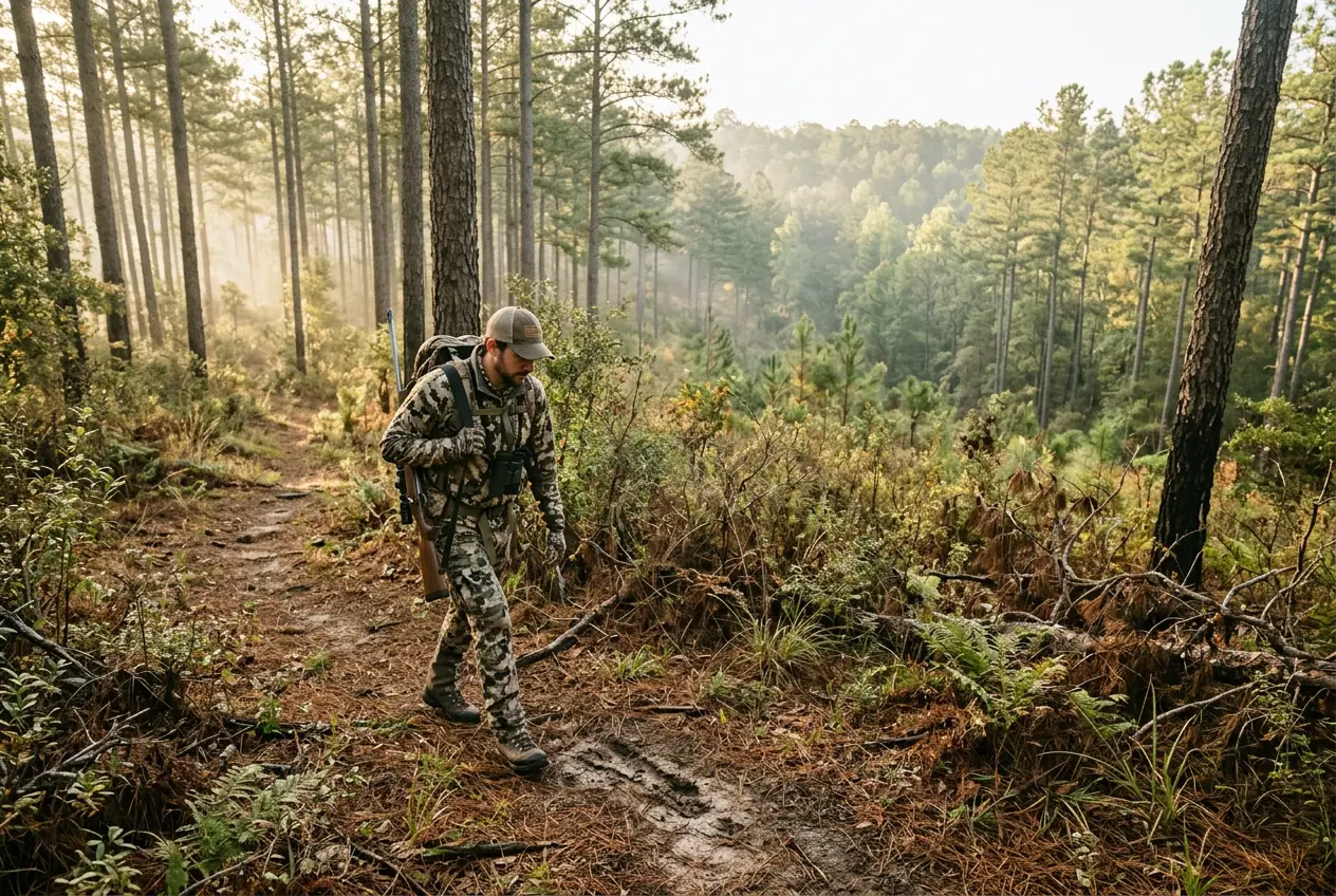 Hunter tracking on foot through open East Texas pine woodland