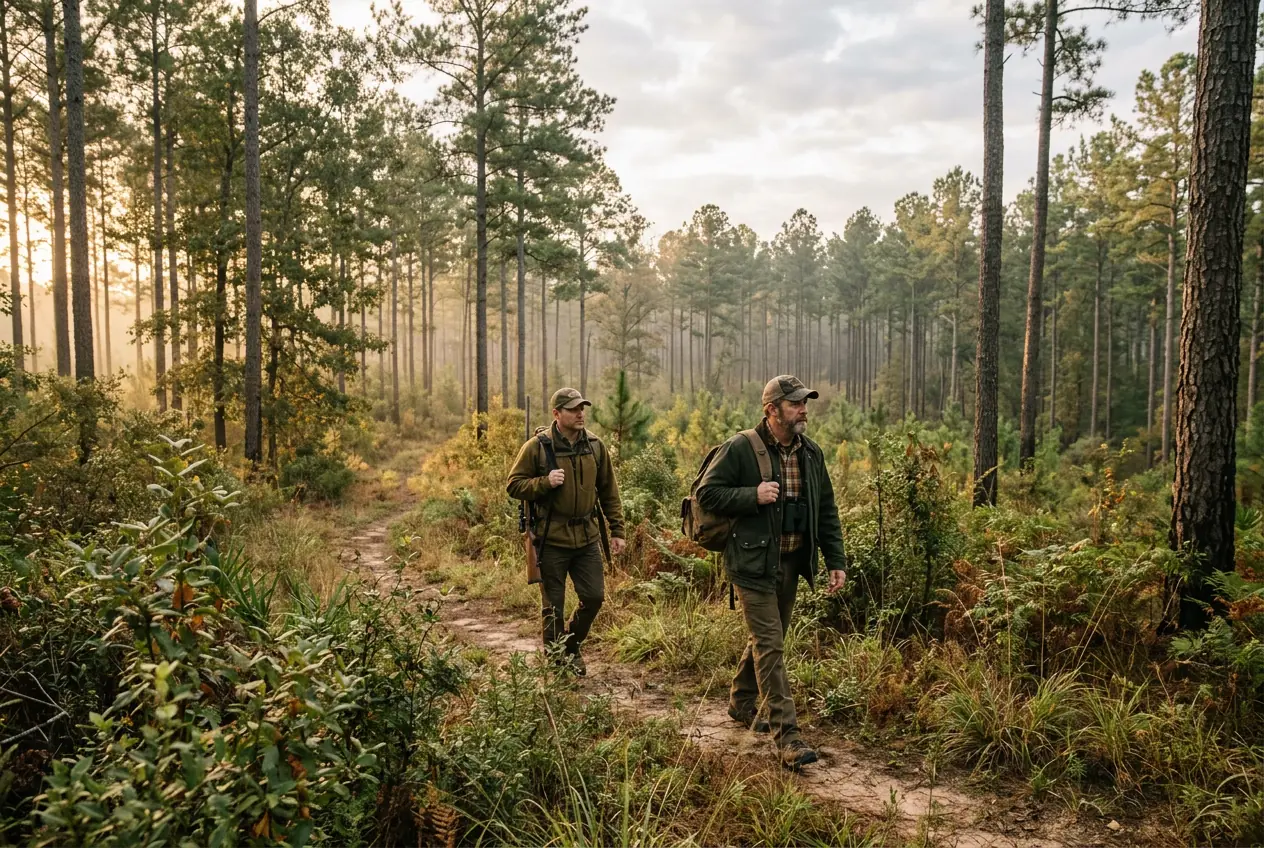 Hunters tracking on foot through open, unfenced East Texas pine woodland