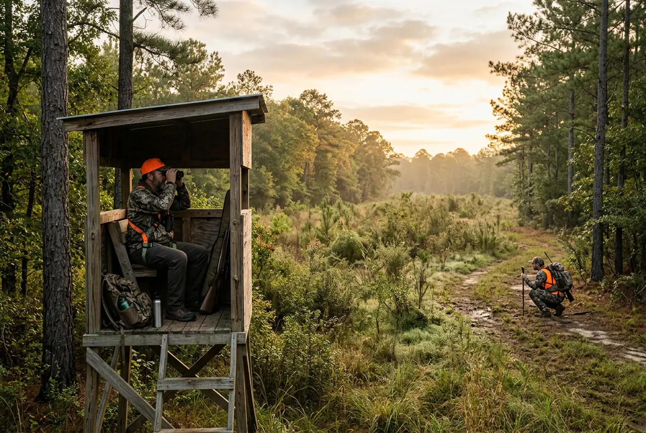 Hunters using blind and spot-and-stalk methods in East Texas woodland